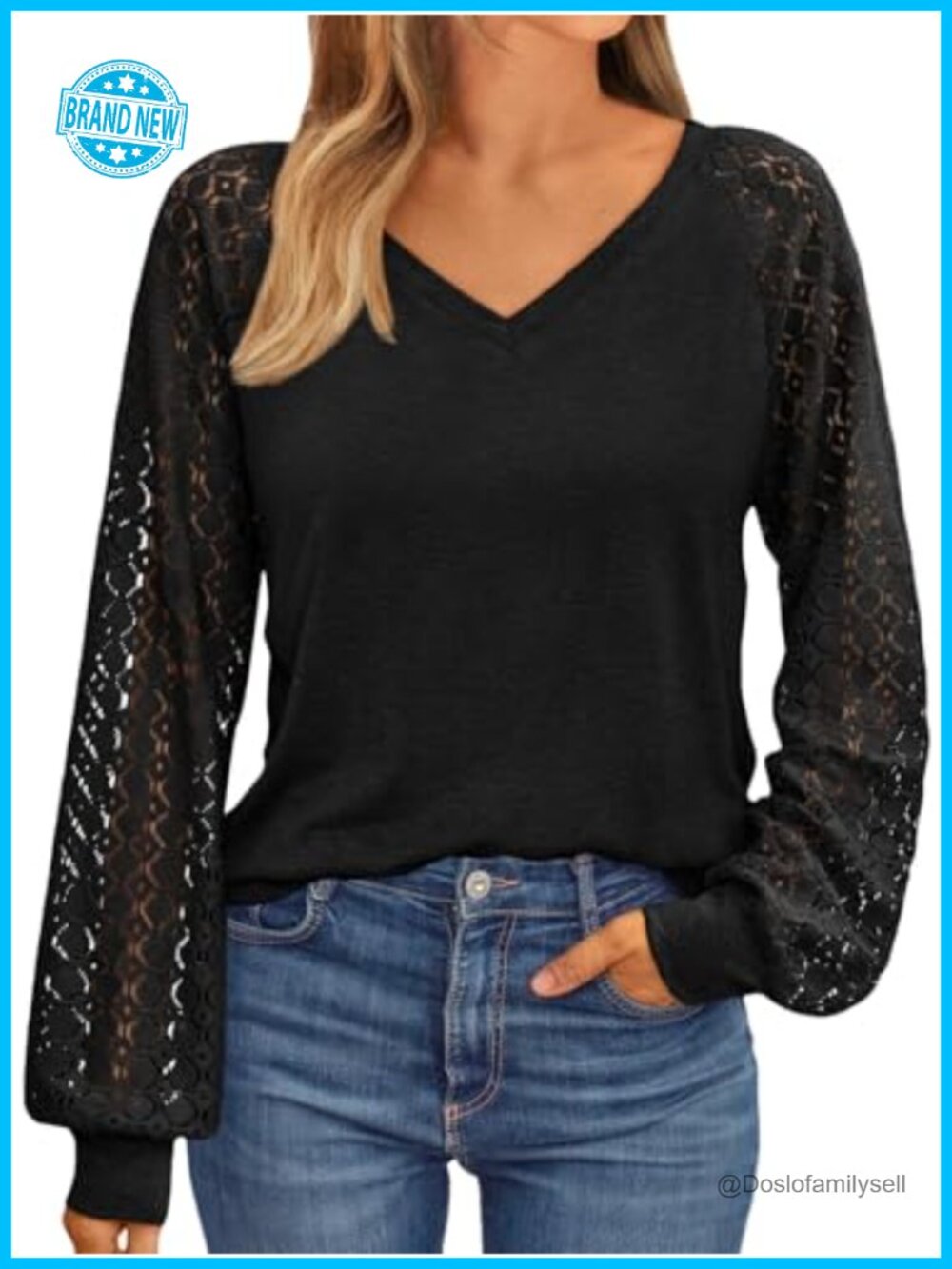 Long Sleeve V-Neck Blouse Lace Sleeve Business Casual Work Top